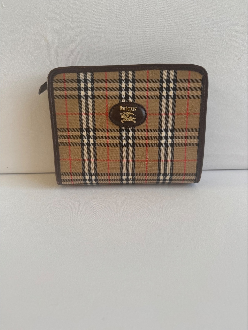 Authentic Vintage Burberrys Nova Check Pouch Brown Leather Entrupy COA